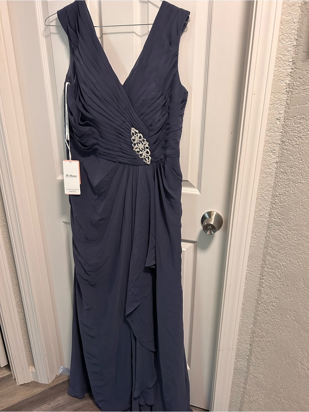 JJs House Grey Blue V-Neck Formal Dress with Jeweled Waist